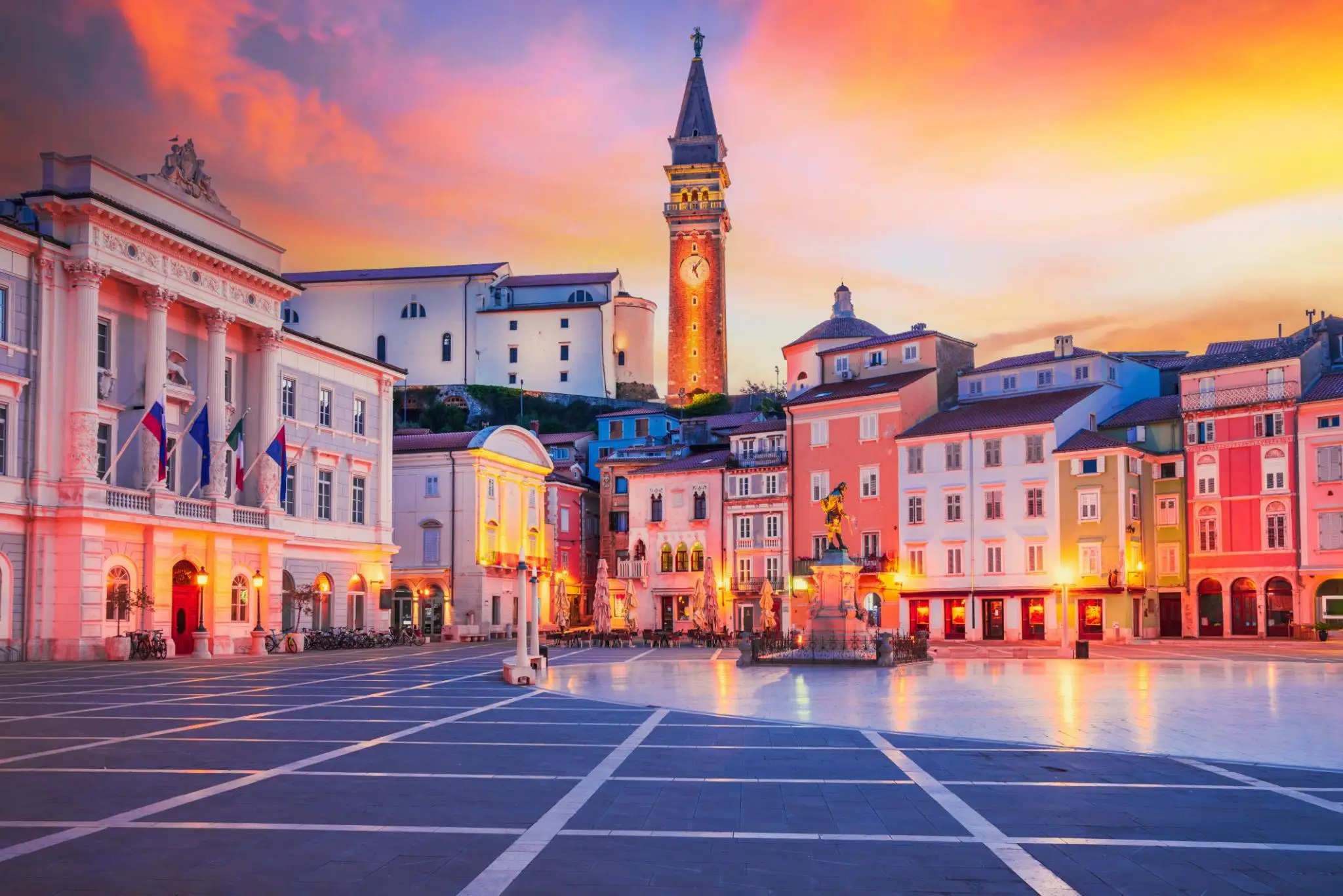 Tartini Square and the bell tower in Piran at sunset